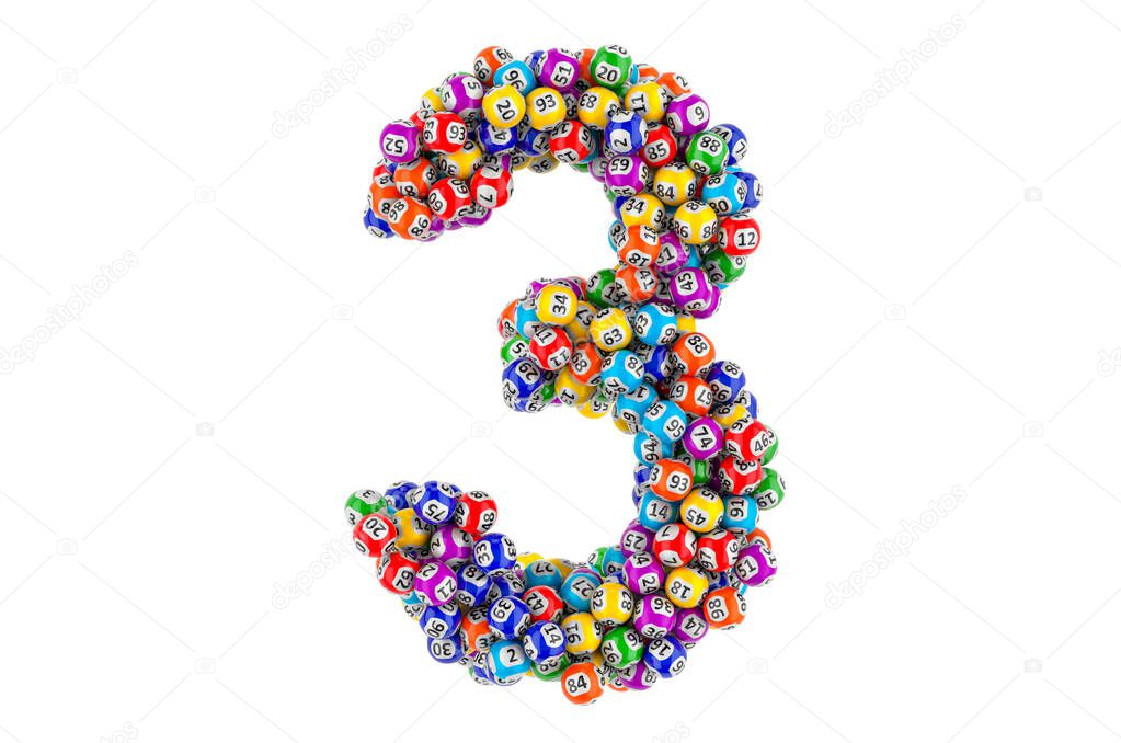 Number 3, from colored lottery balls, 3D rendering isolated on white background