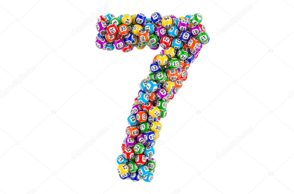 Number 7, from colored lottery balls, 3D rendering isolated on white background
