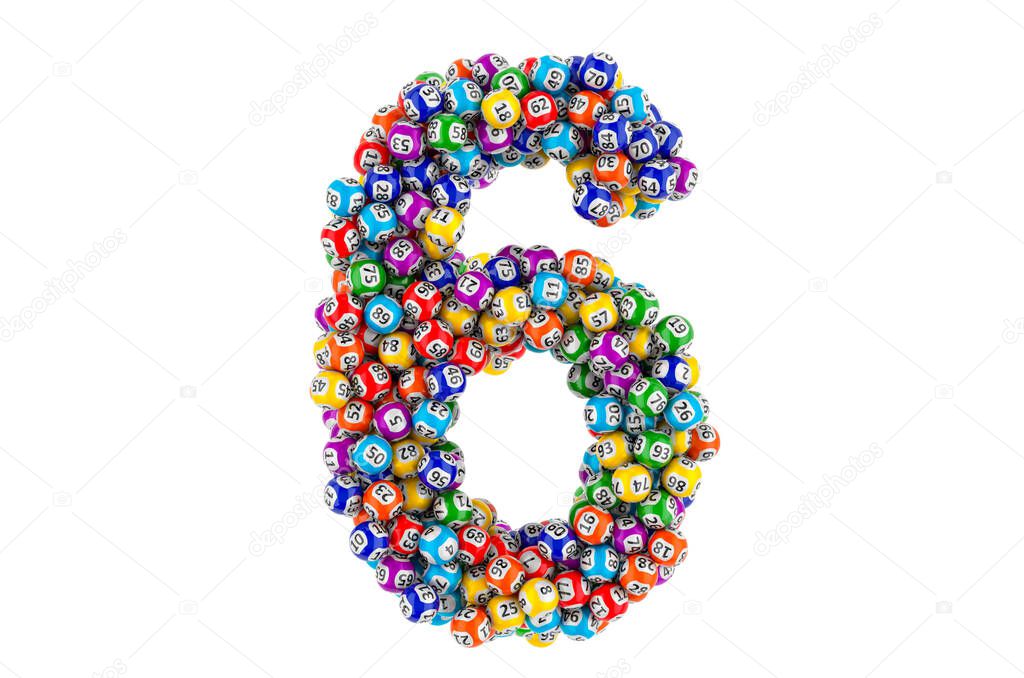 Number 6, from colored lottery balls, 3D rendering isolated on white background