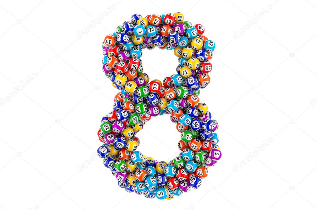 Number 8, from colored lottery balls, 3D rendering isolated on white background