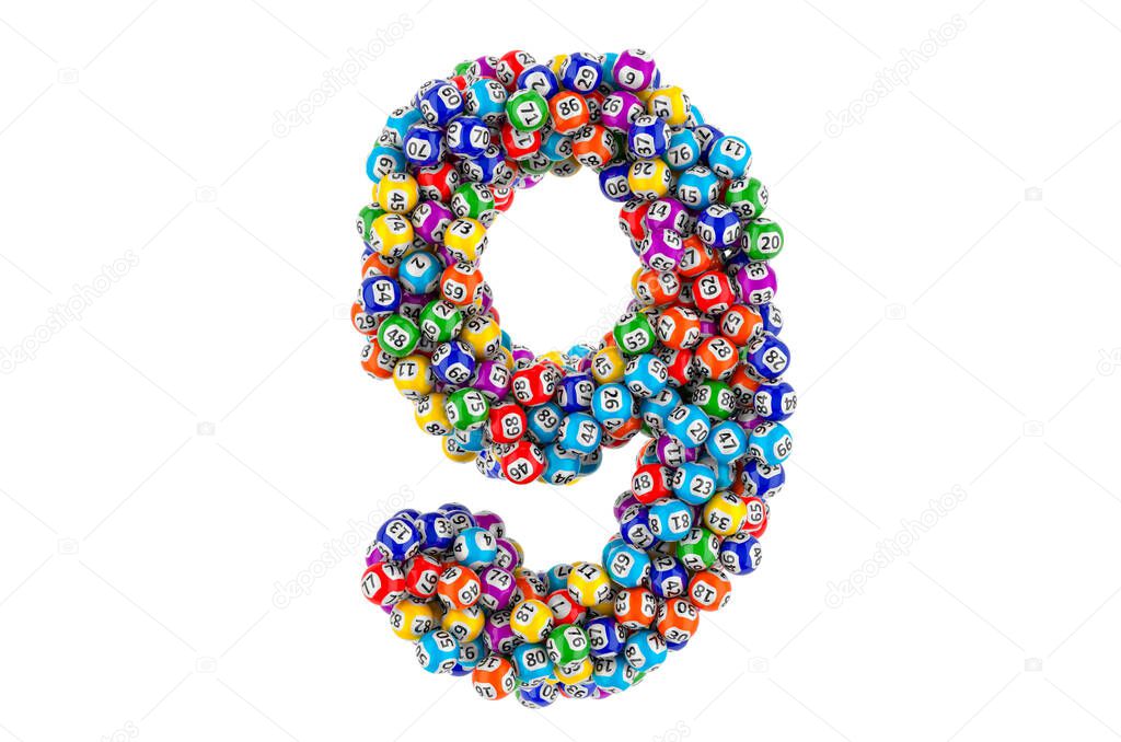 Number 9, from colored lottery balls, 3D rendering isolated on white background