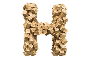 Tahta kutulardan H harfi. Beyaz arkaplanda 3B görüntüleme izole edildi