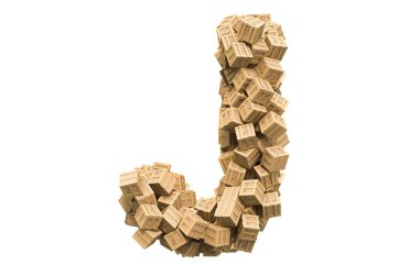 Tahta kutulardan gelen J harfi. Beyaz arkaplanda 3B görüntüleme izole edildi