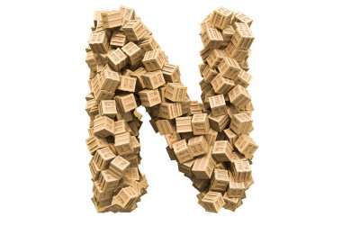 Tahta kutulardan N harfi. Beyaz arkaplanda 3B görüntüleme izole edildi