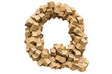 Tahta kutulardan gelen Q harfi. Beyaz arkaplanda 3B görüntüleme izole edildi