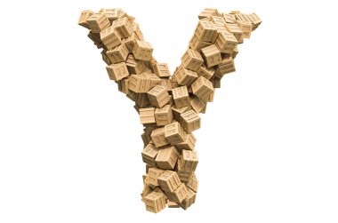 Tahta kutulardan Y harfi. Beyaz arkaplanda 3B görüntüleme izole edildi