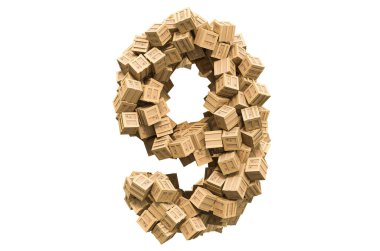 Tahta kutulardan 9 numara. Beyaz arkaplanda 3B görüntüleme izole edildi