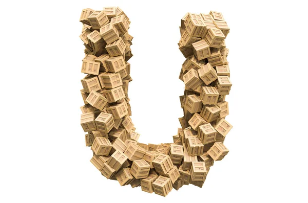 Tahta kutulardan gelen U harfi. Beyaz arkaplanda 3B görüntüleme izole edildi