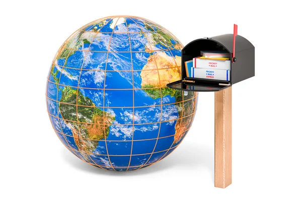 Концепція Глобальної Поштової Служби Mailbox Earth Globe Рендеринг Ізольований Білому — стокове фото