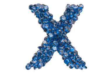 Mavi elmaslardan X harfi ya da parlak kesimli safir. Beyaz arkaplanda 3B görüntüleme izole edildi