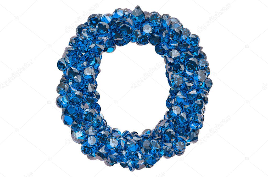 Letter O from blue diamonds or sapphires with brilliant cut. 3D rendering isolated on white background