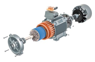 Endüstriyel elektrikli motor parçaları, 3 boyutlu görüntüleme beyaz arka planda izole edildi