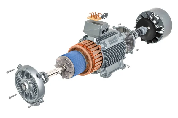 Endüstriyel elektrikli motor parçaları, 3 boyutlu görüntüleme beyaz arka planda izole edildi