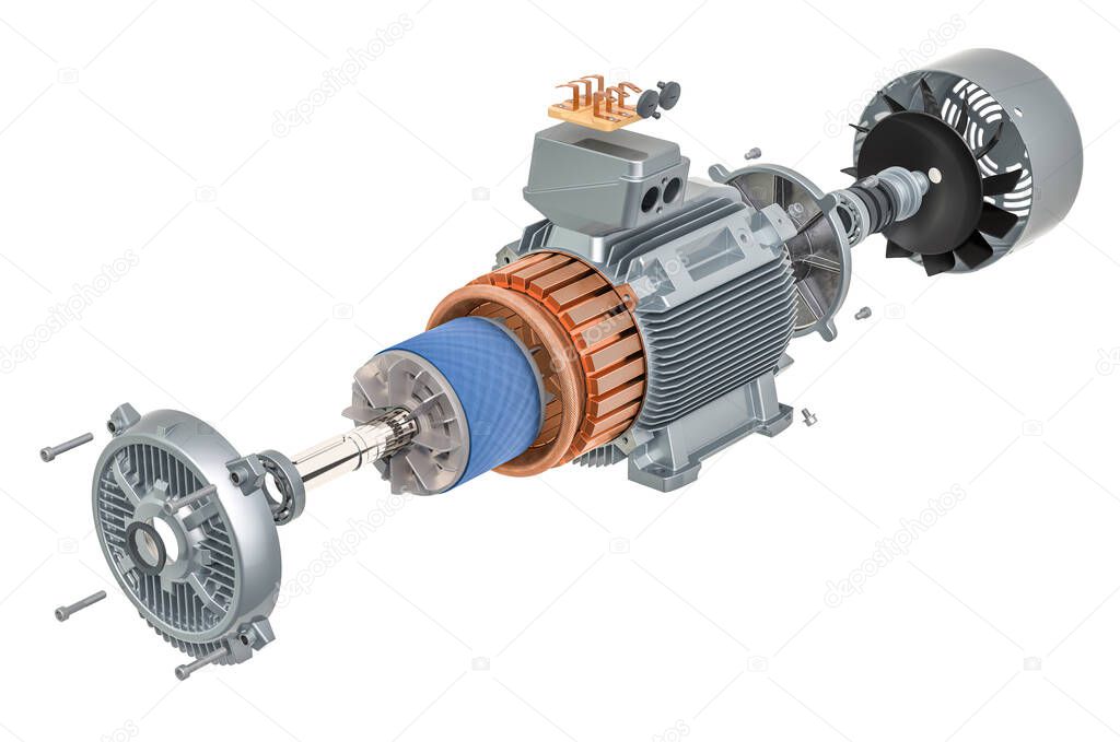 Parts of industrial electric motor, 3D rendering isolated on white background