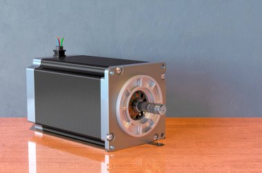 Stepper motoru ahşap masada. 3B görüntüleme
