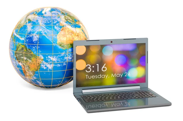 Moderner Laptop Mit Earth Globe Rendering Isoliert Auf Weißem Hintergrund — Stockfoto