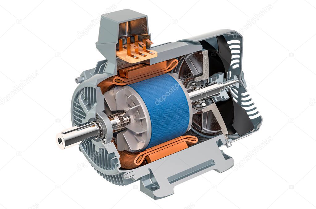 Section of industrial electric motor, 3D rendering isolated on white background
