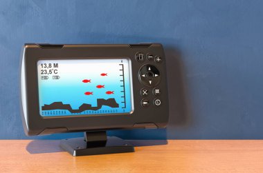 Fish finder on the wooden table. 3D rendering clipart