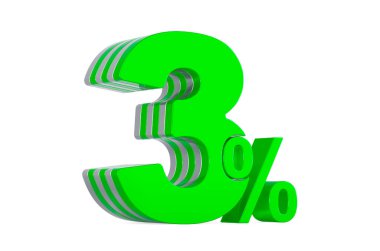 % 3 yeşil, indirim konsepti. Beyaz arkaplanda 3B görüntüleme izole edildi