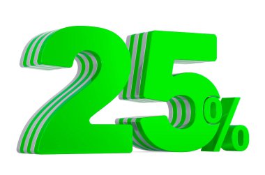 Yeşil% 25, indirim konsepti. Beyaz arkaplanda 3B görüntüleme izole edildi
