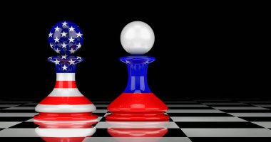 Rusya ve Amerika Birleşik Devletleri karşı karşıya gelme ve ilişkiler kavramı. 3B görüntüleme