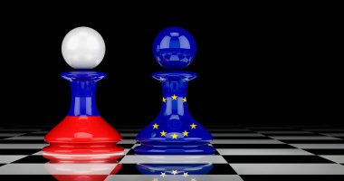 Rusya ve Avrupa Birliği çatışması ve ilişkiler kavramı. 3B görüntüleme