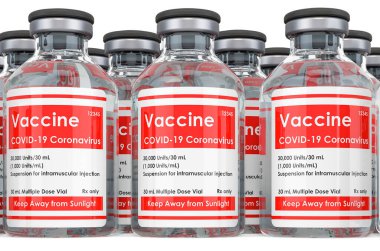Coronavirus aşı şişeleri, beyaz arkaplanda 3 boyutlu görüntüleme 