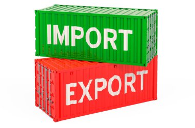 Kargo konteynırlarıyla ithalat ve ihracat konsepti. Beyaz arkaplanda 3B görüntüleme izole edildi