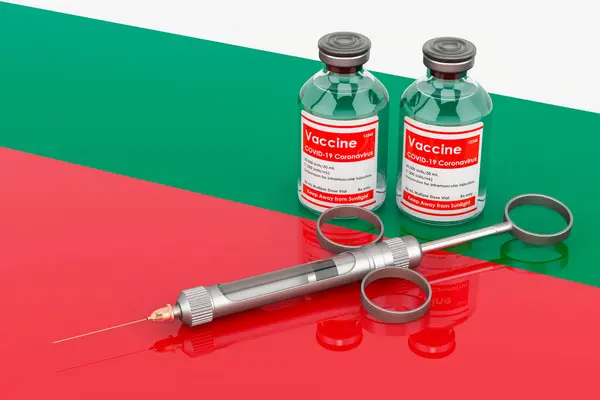 Εμβολιασμός Στη Βουλγαρία Έννοια Φιάλες Εμβολίου Σύριγγα Στη Σημαία Της — Φωτογραφία Αρχείου