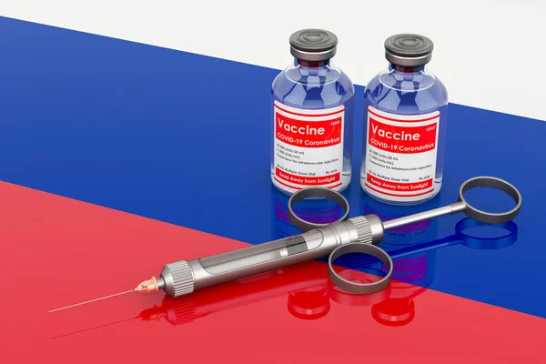 Εμβολιασμός Στη Ρωσία Έννοια Φιάλες Εμβολίου Σύριγγα Στη Ρωσική Σημαία — Φωτογραφία Αρχείου
