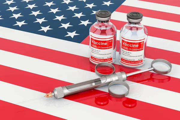 Vaccination in the USA concept. Vaccine bottles with syringe on the American flag, 3D rendering isolated on white background