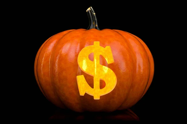Símbolo Dólar Tallado Calabaza Halloween Fuente Sobre Fondo Negro Rendering — Foto de Stock
