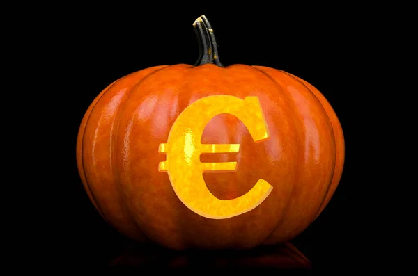 Euro Symbole Sculpté Dans Citrouille Fonte Halloween Sur Fond Noir — Photo