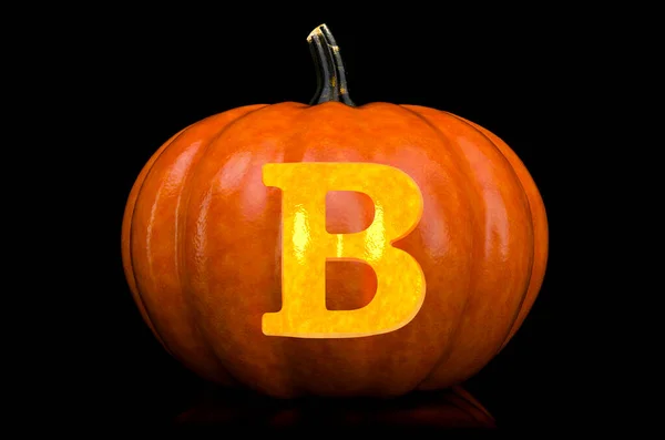 Glowing Letter B carved in pumpkin. Halloween font on black background, 3D rendering