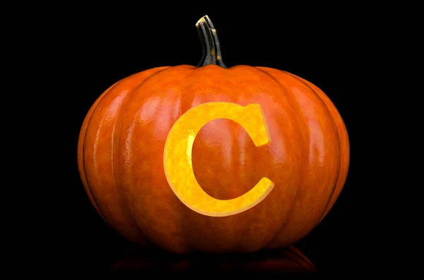 Glowing Letter C carved in pumpkin. Halloween font on black background, 3D rendering