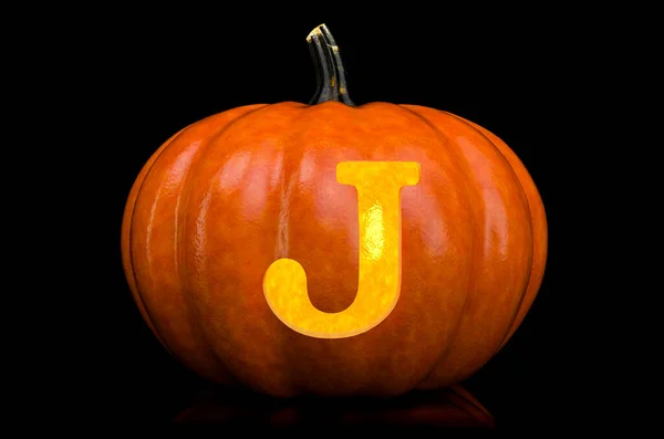 Glowing Letter J carved in pumpkin. Halloween font on black background, 3D rendering