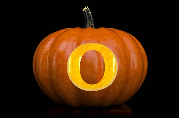 Glowing Letter O carved in pumpkin. Halloween font on black background, 3D rendering