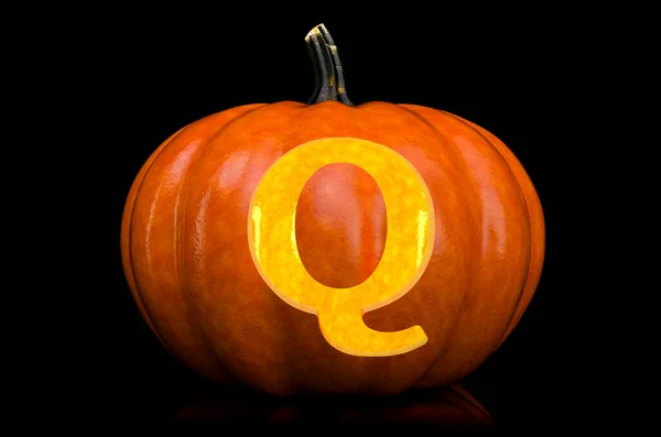Glowing Letter Q carved in pumpkin. Halloween font on black background, 3D rendering