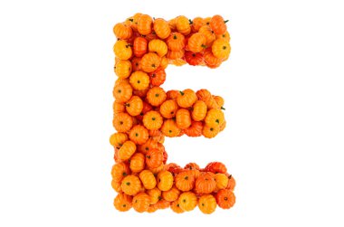 Balkabağı 'ndan E harfi. Beyaz arkaplanda 3B görüntüleme izole edildi