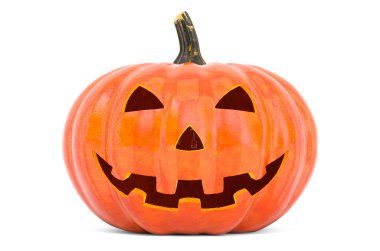 Şeytani yüzlü Cadılar Bayramı kabağı, beyaz arkaplanda 3 boyutlu görüntüleme 