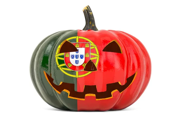 Halloween Portugal Concept Citrouille Démoniaque Sculptée Avec Drapeau Portugais Rendu — Photo