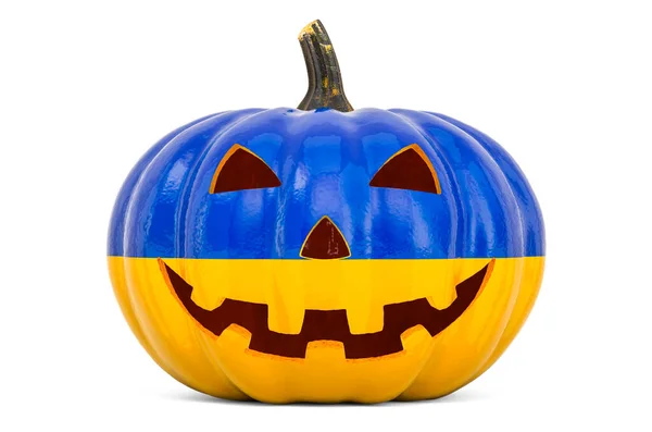 Halloween Oekraïne Concept Kwade Gesneden Pompoen Met Oekraïense Vlag Rendering — Stockfoto