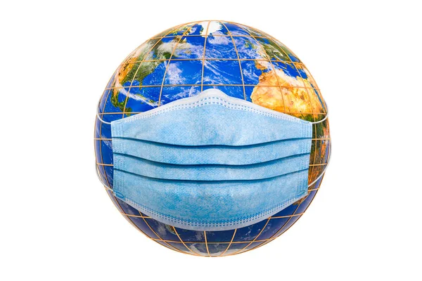 医療マスクを持つ地球球世界的なパンデミックの概念 白い背景に隔離された3Dレンダリング — ストック写真