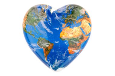 Dünya haritası dokusuna sahip kalp, beyaz arkaplanda 3 boyutlu görüntüleme