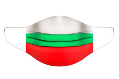 Bulgar bayrağıyla tıbbi maske. Beyaz arkaplanda 3B görüntüleme izole edildi 