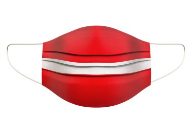 Letonya bayrağıyla tıbbi maske. Beyaz arkaplanda 3B görüntüleme izole edildi 