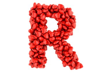 Kırmızı kalplerden R harfi, beyaz arkaplanda 3 boyutlu görüntüleme