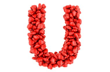Kırmızı kalplerden U harfi, beyaz arkaplanda 3 boyutlu görüntüleme
