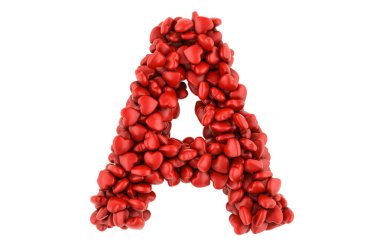 Kırmızı kalplerden A harfi, beyaz arkaplanda 3 boyutlu görüntüleme