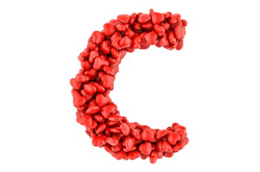 Kırmızı kalplerden C harfi, beyaz arkaplanda 3 boyutlu görüntüleme